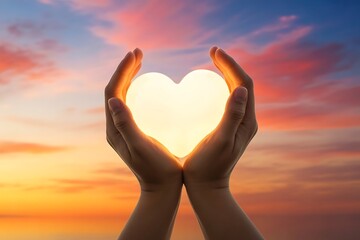 Fototapeta premium Hands cradling a glowing heart against a stunning sunset sky, symbolizing love, care, and compassion