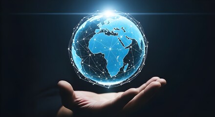 Top-down view of a softly illuminated hand with palm facing upwards, holding a holographic Earth with visible continents and network lines, illustrating global communication and digital connection.