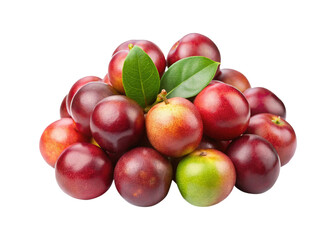 Pile of Fresh and Colorful Plums, Some Still Unripe, with Green Leaves