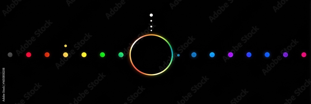 Poster colorful circular light display with varying dots arranged in a line in a dark setting during an eve