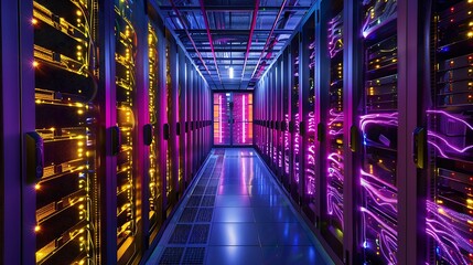 Interior of a data center managed by AI, with glowing servers and data streams .