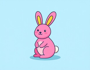Obraz premium Cute pink bunny cartoon character illustration against a light blue backdrop evoking springtime