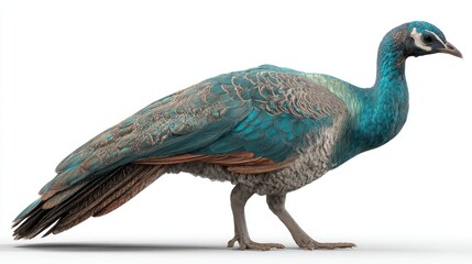 Fototapeta premium A detailed profile view of a peahen against a stark white background, showcasing its iridescent plumage in shades of teal, grey, and brown. Its feathers exhibit intricate patterns