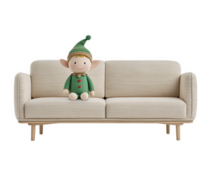 Cute elf doll with green hat and red buttons sitting on modern beige sofa, legs dangling, cheerful and playful atmosphere, living room decor, wooden furniture
