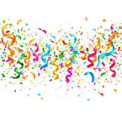 Colorful confetti and streamers explode from a white cloud shape
