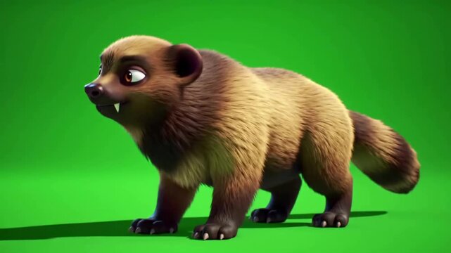 Animated cartoon wolverine character standing on a vibrant green background, playful pose