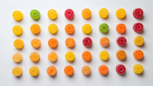 Colorful round candies arranged in rows