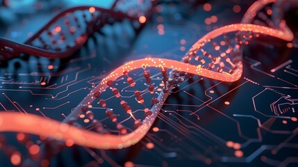 Representation of DNA strands being analyzed and sequenced by AI technologies .