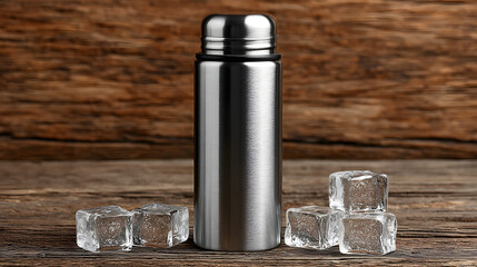 Stainless Steel Tumbler Flask with Ice Cubes on Wooden Table