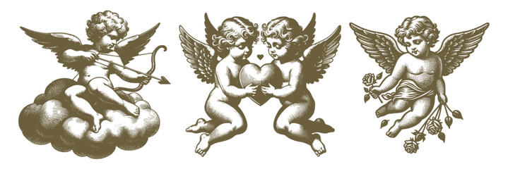 Cherub Cupid Love Angel Vintage Vector Set Valentine’s Day Celebration Engraving Print For Cards, Invitations, Tattoo, Clothing Design