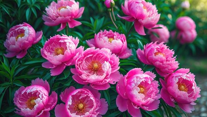 Obraz premium Pink peonies in full bloom with green leaves background. Bright and beautiful flower display. Nature and floral scenery. The concept of garden flowers and springtime.