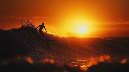 A surfer riding a giant wave at sunrise