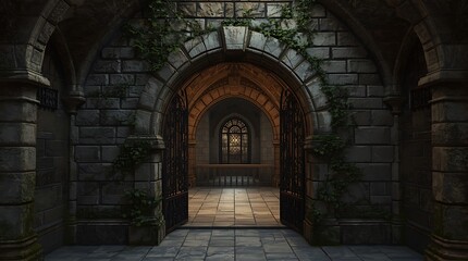 Obraz premium Medieval stone archway & gate, an open stone archway with metal bars, set in an indoor setting, created with generative ai 