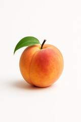 Single ripe peach with green leaf and stem, isolated on a clean white background with a soft studio shadow. Minimal food image for dessert, nutrition and healthy eating themes.