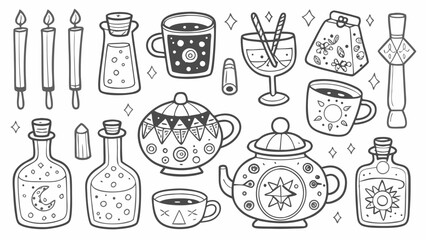 A collection of outlined magical items including potions teapots and candles in a line art style silhouette