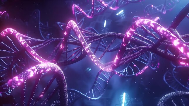 Representation of DNA strands being analyzed and sequenced by AI technologies .