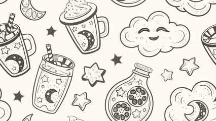 Seamless pattern with hand drawn celestial elements including drinks clouds and stars in black and white style silhouette