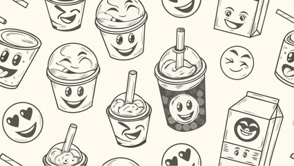 Seamless pattern with hand drawn cartoon faces on cups and boxes in monochrome style for background design silhouette