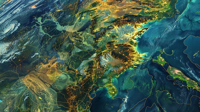 Satellite images processed and enhanced by AI, highlighting data patterns .