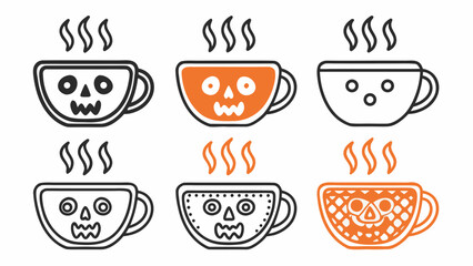 Six halloween themed coffee cups with steam rising, some with skull faces and orange accents displayed silhouette