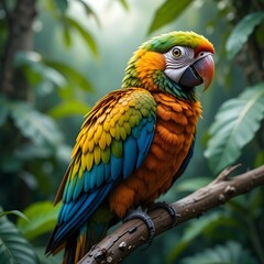 Fototapeta premium Close-Up of Colorful Parrot on Branch in Tropical Jungle