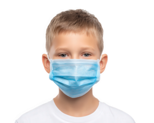 Young boy wearing blue medical face mask with light hair and blue eyes isolated on transparency background, showing cautious and calm expression for health safety