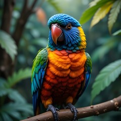 Obraz premium Close-Up of Colorful Parrot on Branch in Tropical Jungle