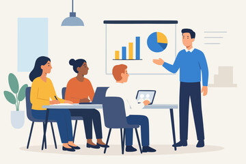 Flat illustration of a diverse business team discussing charts and graphs during a meeting presentation.