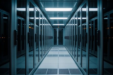 Modern data center hallway with server racks, showcasing technology and data storage infrastructure