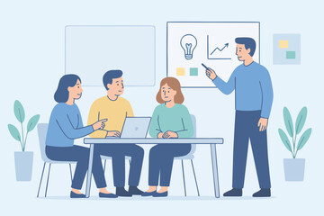 Flat illustration of a creative team brainstorming with idea presentation, perfect for innovation and teamwork concepts.