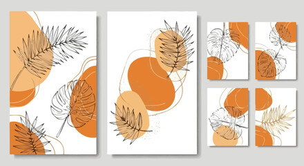 Create a Botanical and gold abstract wall arts vector collection. orange and luxury pattern design with Tropical leaves line arts, Hand draw Organic shape design for wall framed prints, vector art.