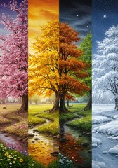 A Majestic Visual Journey Through the Four Seasons Spring, Summer, Autumn, and Winter Represented by Nature's Beauty