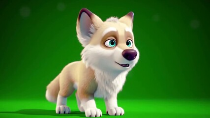 Animated cartoon dog with fluffy fur and bright eyes, standing on a vibrant green background - Powered by Adobe
