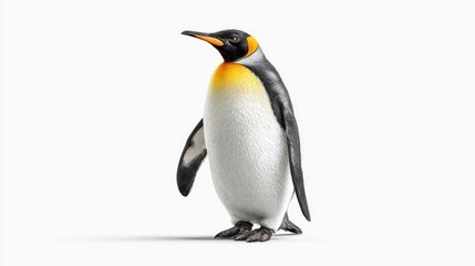 Obraz premium A king penguin stands facing slightly to the right against a stark white background, its plumage detailed and realistic. A subtle shadow is cast beneath