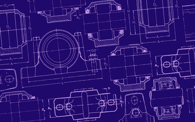 Obraz premium Engineering line drawing of plummer block housing with rolling bearings. blue background illustration. Industrial technical drawing on blue background.
