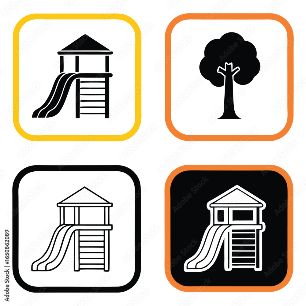 Poster playground slide and tree icons in black and white with colorful borders on a checkered background