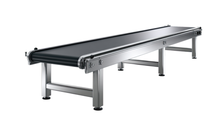 Industrial conveyor belt system.  Long, horizontal, dark gray rubber belt on a light gray metal frame.  Supports for the belt are visible