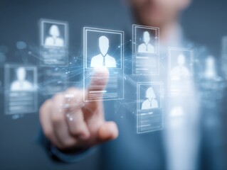 Human resource management technology (HR), Human resource manager touching human resource network structure and checks the CV online to choose the perfect employee for company, Effective recruitment.