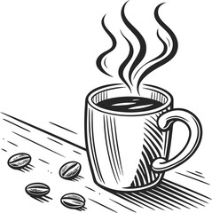 Aromatic brown coffee beverage in a mug with steam and beans on a saucer