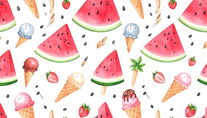 Watercolor pattern of ice cream, watermelon, and strawberries.