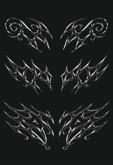 chrome metal of y2k neo tribal sigilism heart tatto. Flame shape in liquid mercury. 3d illustration of abstract neo tribal cyber sigil metallic melted modern burn form, design element. 3D Illustration