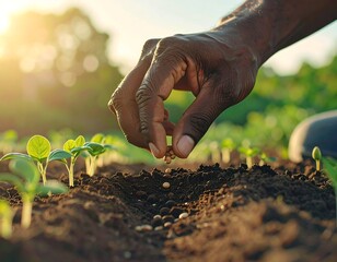 Hand planting seeds in fertile soil