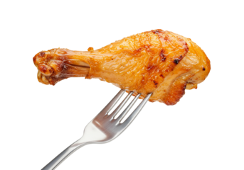 Roasted chicken drumstick on fork close up food image golden brown juicy meat transparent background