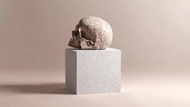 Human skull on minimal stone pedestal with soft lighting and neutral background creating calm mood and smooth shadow effects