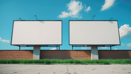Fototapeta premium Two large blank billboards standing on pillars in front of a brick wall under a partly cloudy sky.