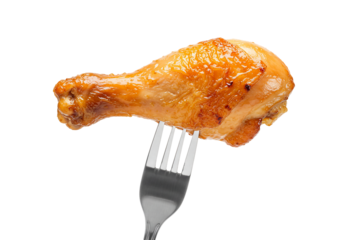 Roasted chicken drumstick on fork golden brown culinary food photography high resolution image