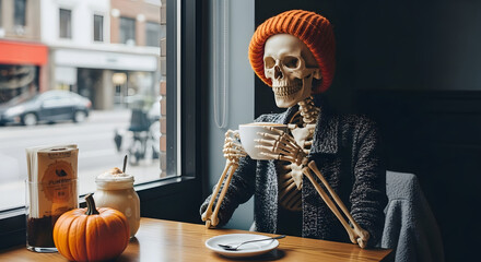 A skeleton in a beanie drinking coffee by a window with a pumpkin on the table in a cafe setting