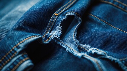 Close-up of ripped denim jeans showing frayed edges and stitching details.