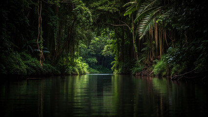 Fototapeta premium Lush green jungle river scene with dense vegetation and reflective water surface