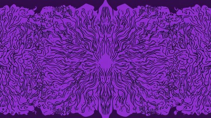 Symmetrical abstract purple artwork featuring intricate line work and patterns that create a